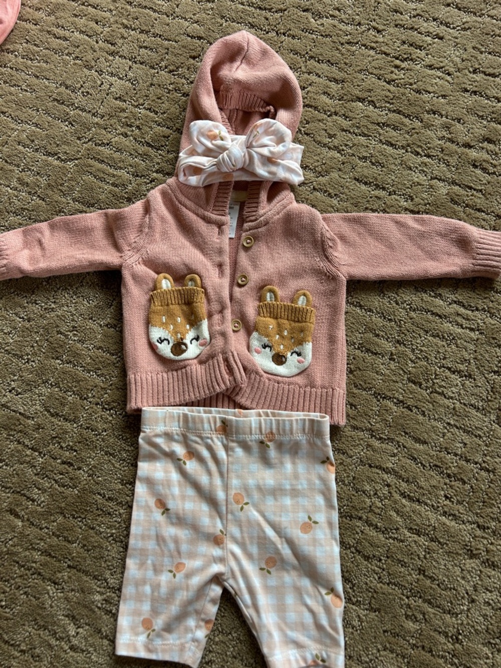Girls' Pink Hooded Knit Cardigan & Peach Print Leggings Set
